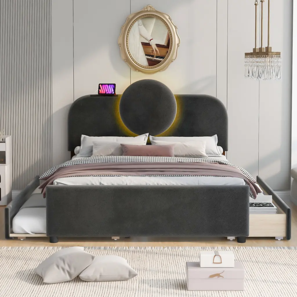 Full Size Upholstered Platform Bed Multi Practical LED Headboard wm dreamland