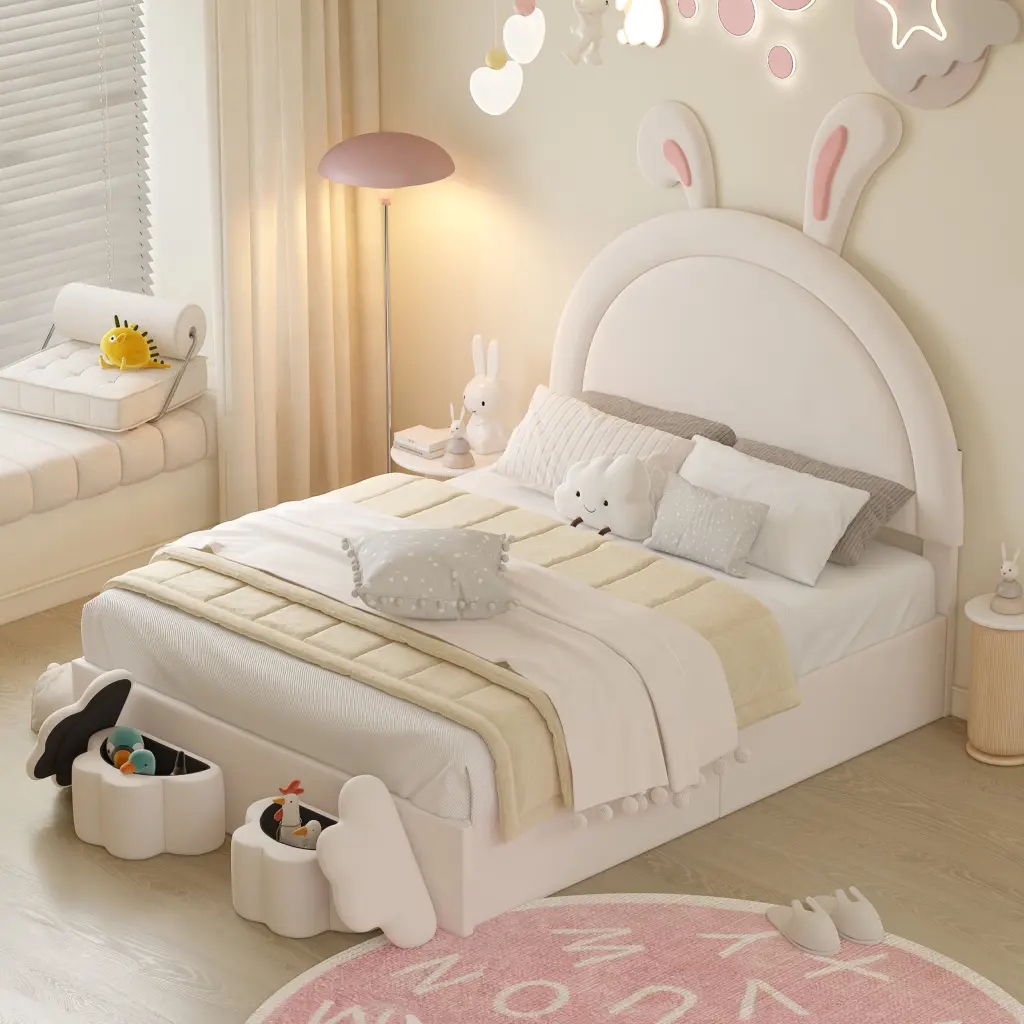 Full Size Upholstered Rabbit Influence Bed 2 Storage Stools Velvet Pink homey life