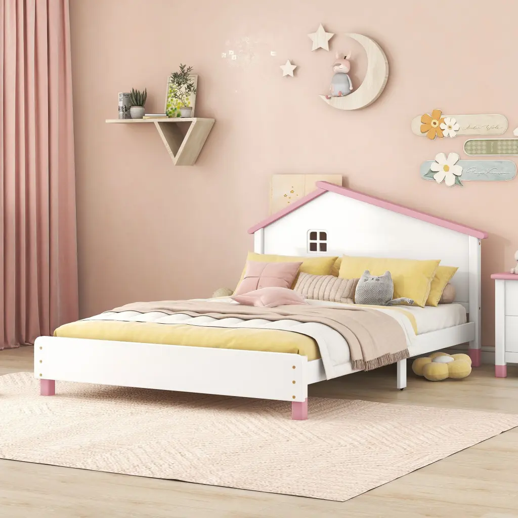 Full Size Wood Platform Bed Houtilize Headboard White Pink homey life