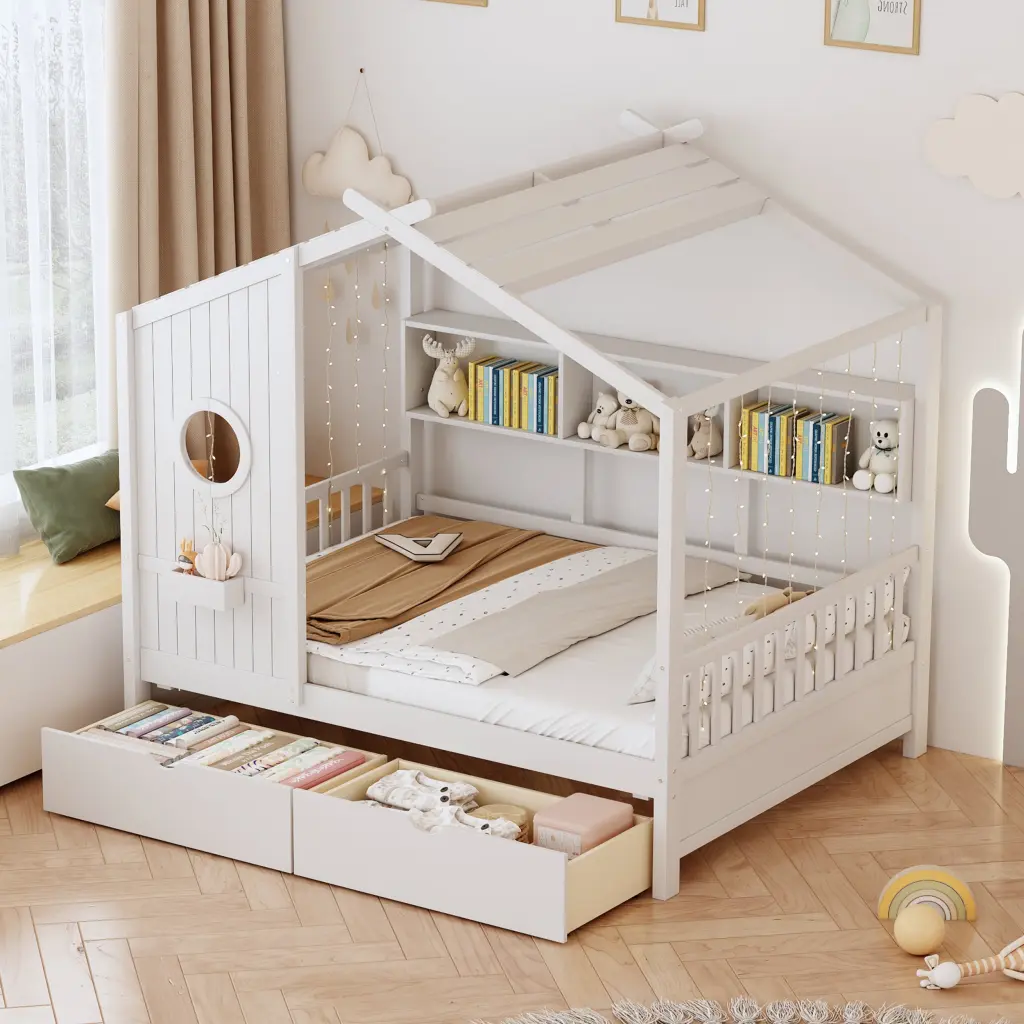 Wooden Full Size Houtilize Bed 2 Drawers Kids Bed Storage Shelf homey life