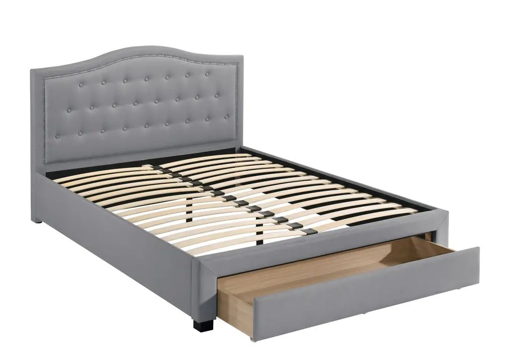 Light Grey Burlap Fabric 1Pcs Full Size Bed W Drawer Button Tufted Arc Modern Bed Frame kanepe