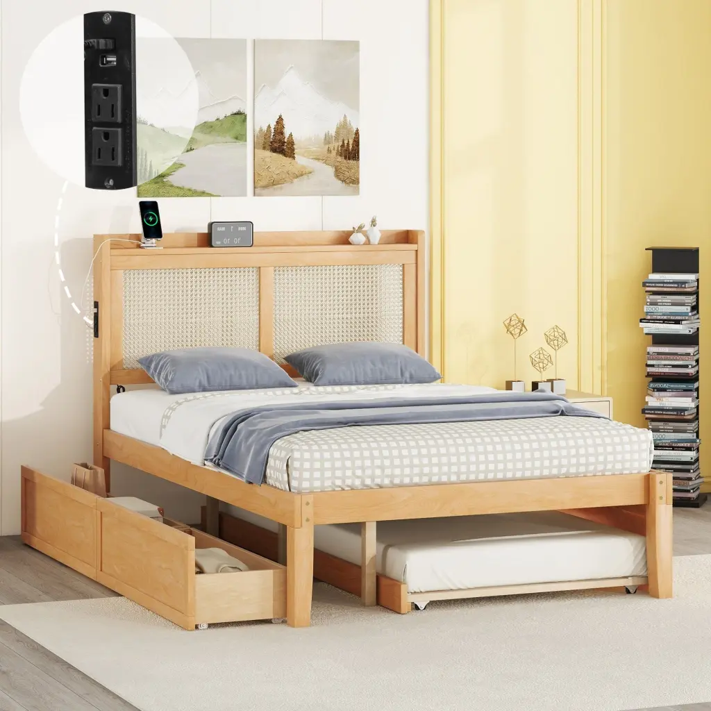 Full Size Elegant Bed Frame Rattan Headboard And Storage Sockets Natural Finish lucky furniture