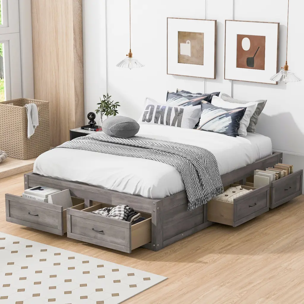 Full Size Platform Bed 6 Storage Drawers Antique Gray Finish lucky furniture