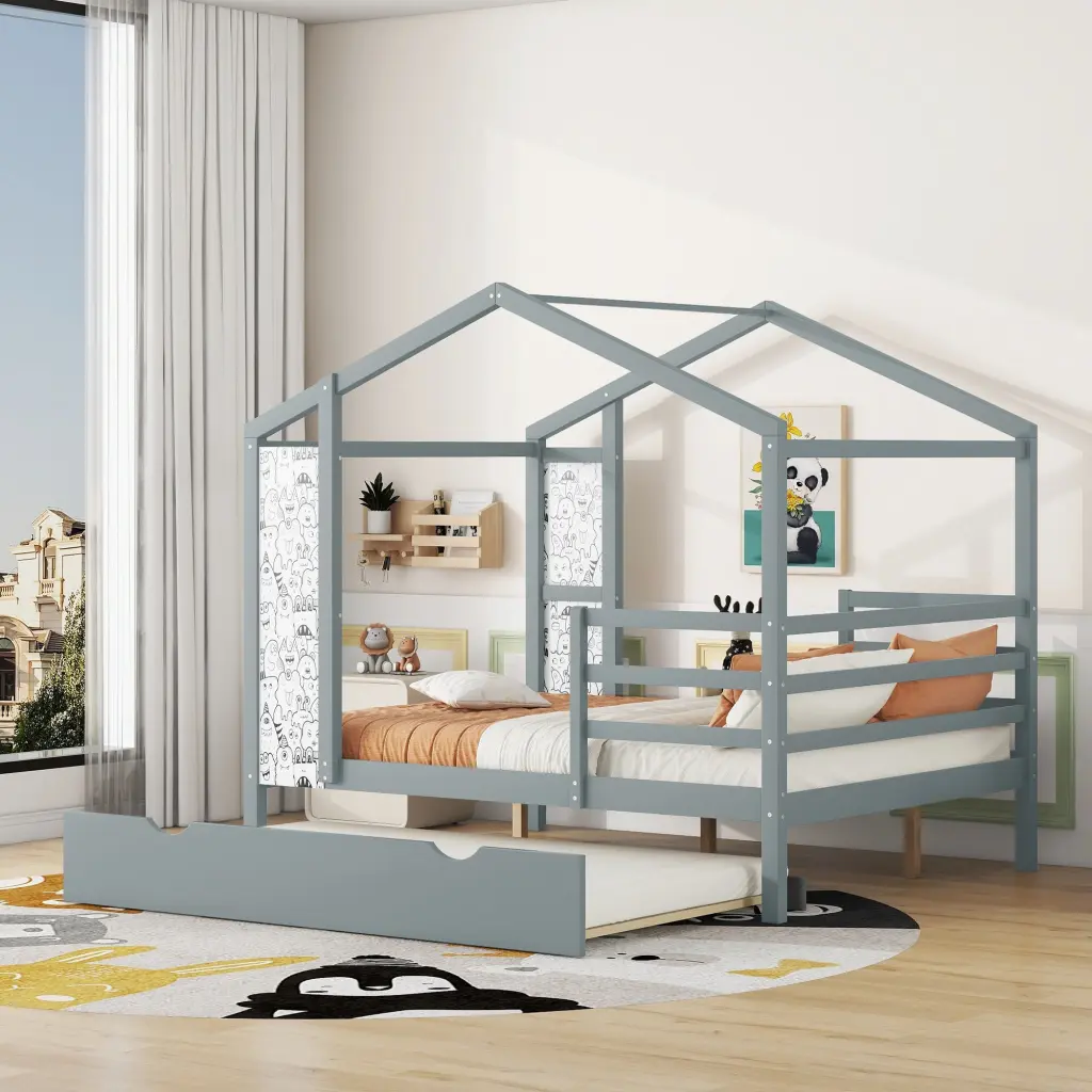 Full Size Wood Houtilize Bed Fence And Writing Board Gray Solid lucky furniture