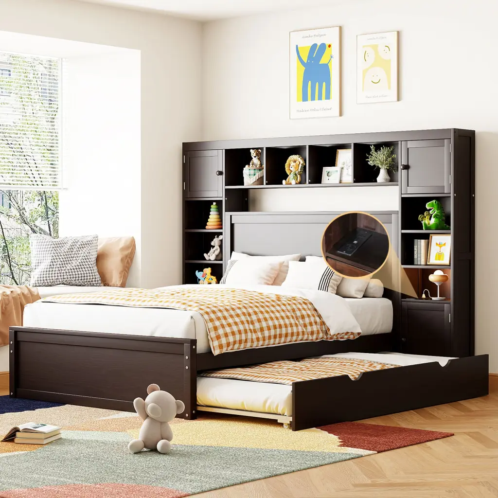 Full Size Wooden Bed All One Cabinet Shelf And Sockets lucky furniture