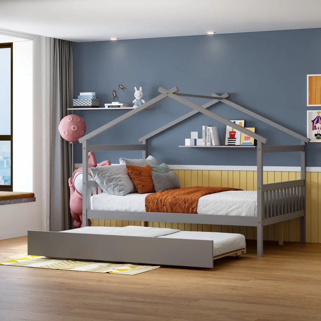 Full Size Wooden Houtilize Bed Twin Size Trundle Gray Solid Wood Bed Frame lucky furniture