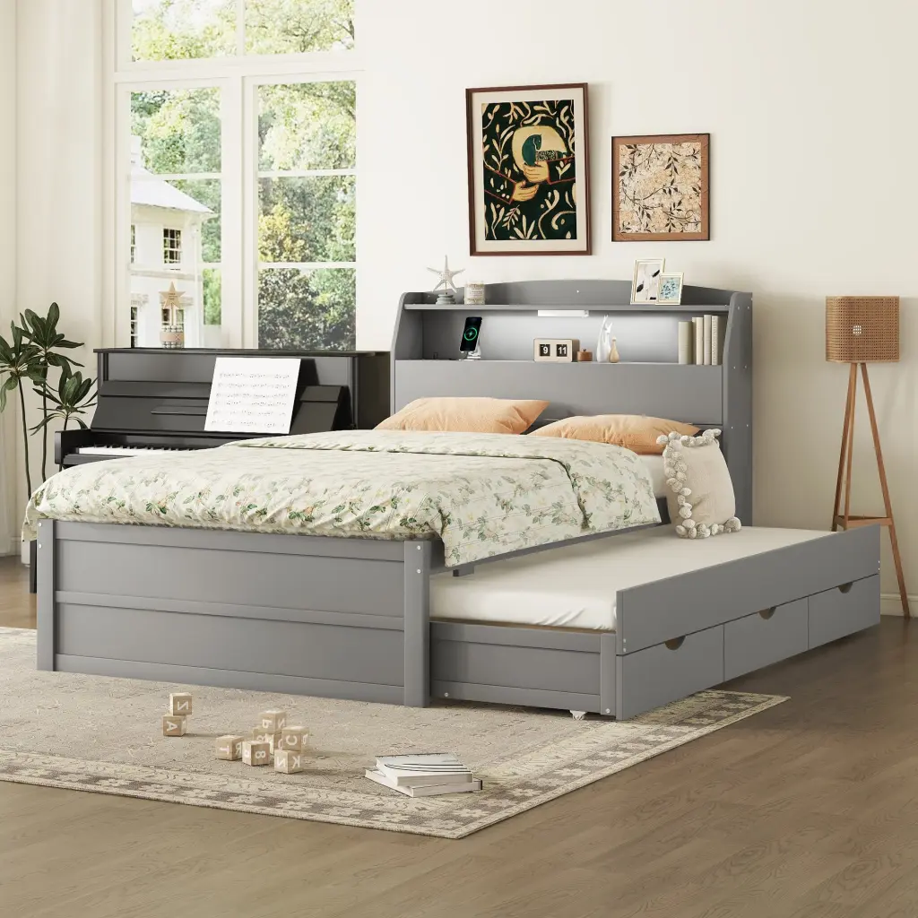 Full Size Wooden LED Platform Bed Trundle Storage Headboard Space Saving lucky home