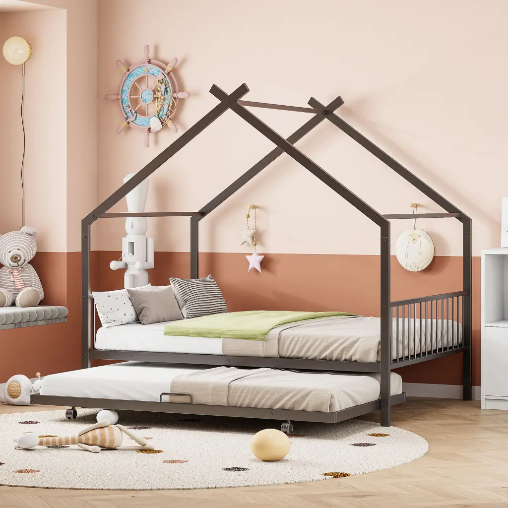Full Size Metal Houtilize Bed Twin Size Trundle Black Bed Frame lucky world