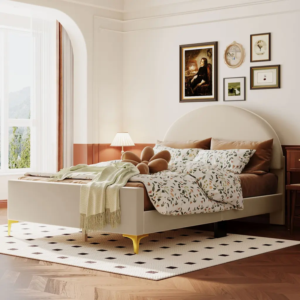 Full Size Upholstered Platform Bed Timeless Semi Circle Headboard lucky world