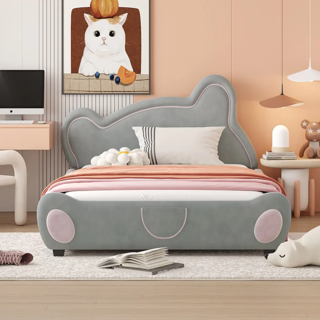 Full Size Velvet Platform Bed Bear Influenced Headboard and Bed End lucky world