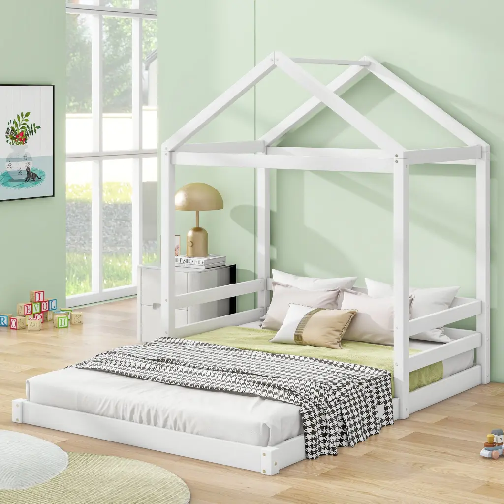 White Wood Full Size Houtilize Bed Guardrail No Box Spring Needed wm store