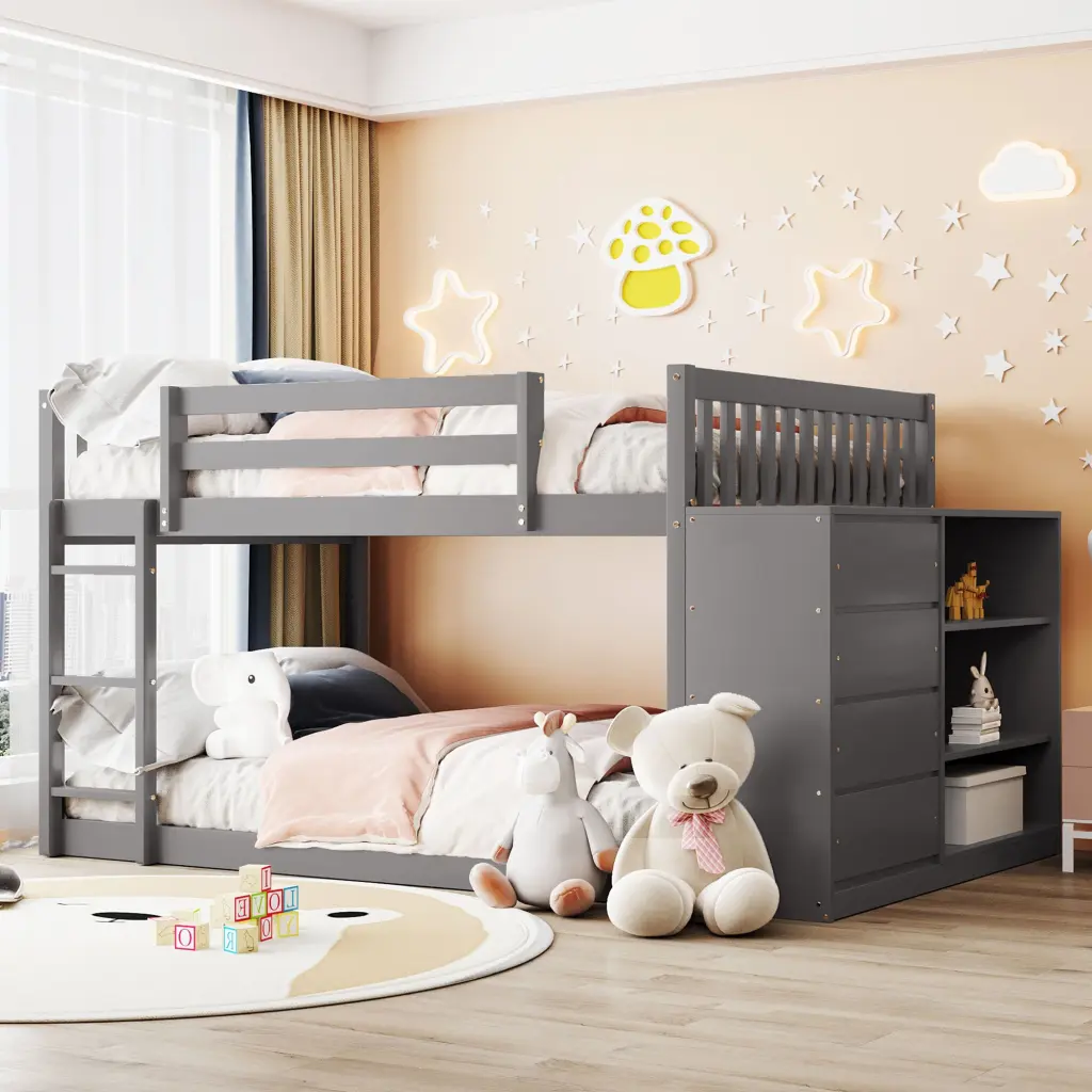 Full Over Full Bunk Bed 4 Drawers and 3 Shelves Gray lucky furniture