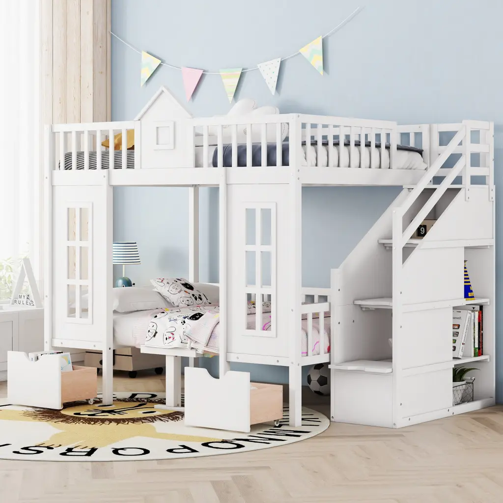 Full Over Full Bunk Bed Transformable Table Convertible to Upper Bed lucky furniture
