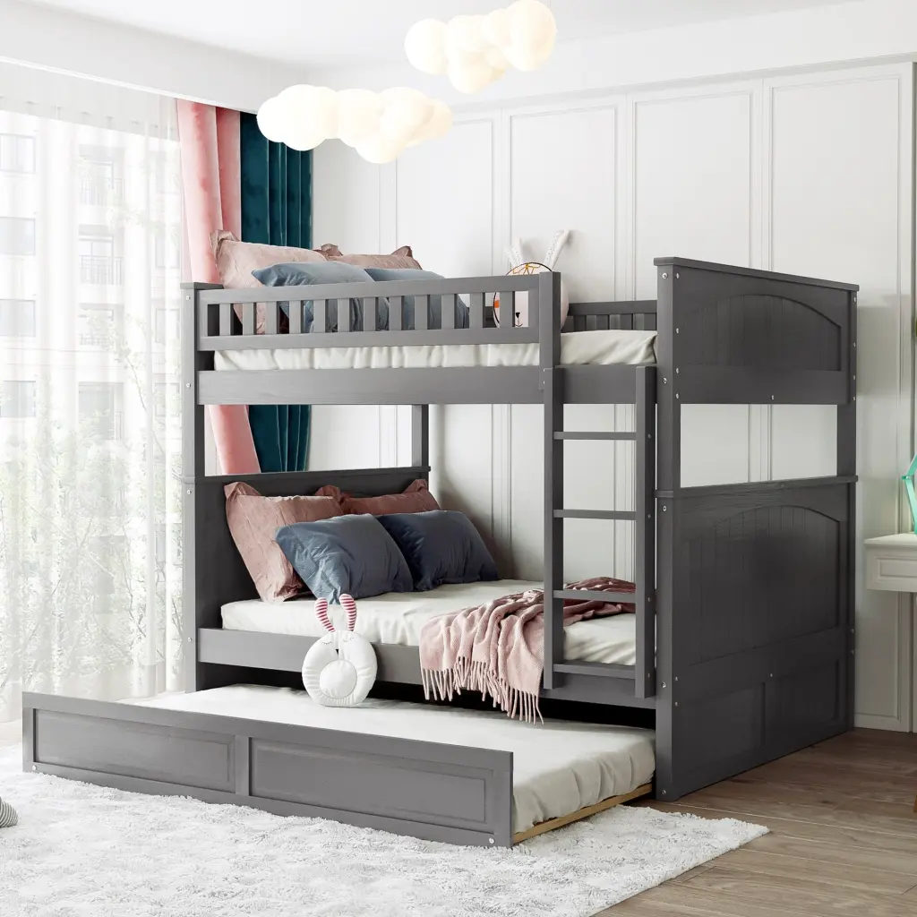 Full Over Full Bunk Bed Twin Size Trundle Pine Wood Bunk Bed Kids lucky furniture