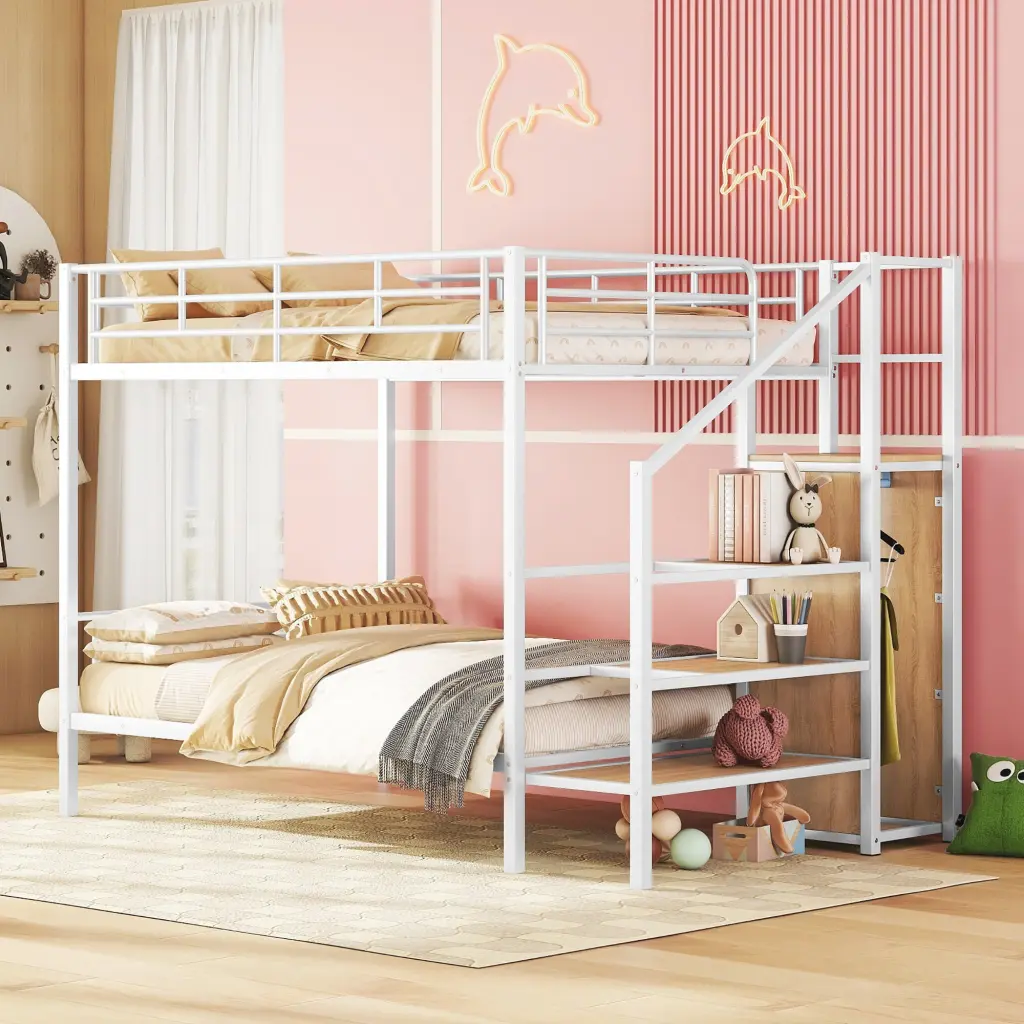 Full Over Full Metal Bunk Bed Lateral Storage Ladder and Wardrobe lucky world