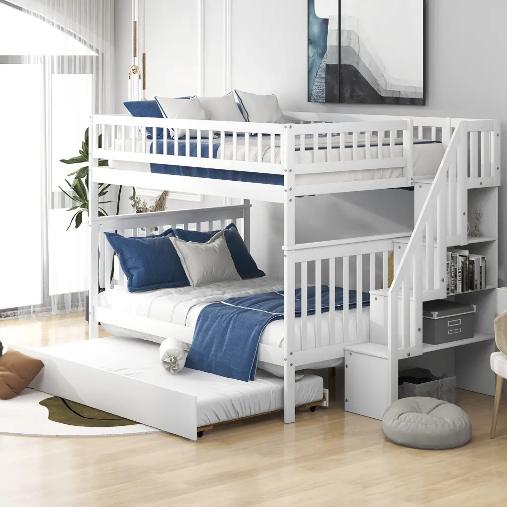 Full Over Full Bunk Bed Trundle And Staircase White Platform Bed wm store
