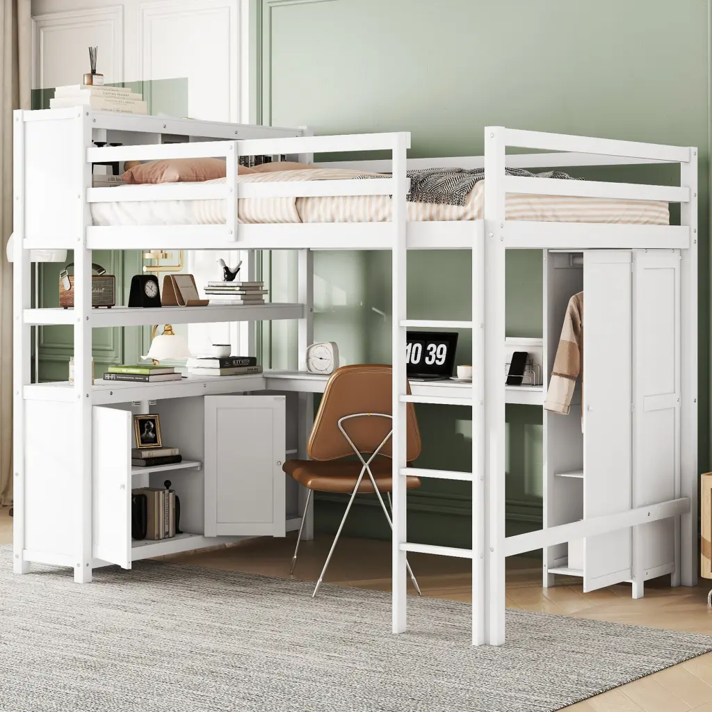 Full Size Wood Loft Bed Cabinet and Bookshelf Wardrobe Space Saving Design bonwell