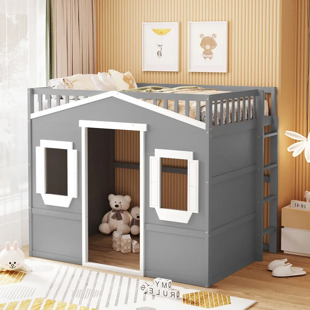 Full Size Houtilize Loft Bed Ladder Gray White Frame and Desk lucky furniture