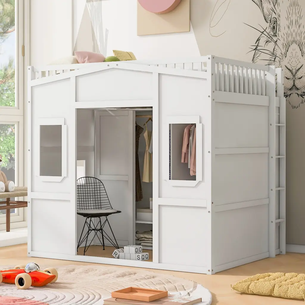 Full Size Houtilize Loft Bed Ladder and Wardrobe White Solid Wood lucky furniture