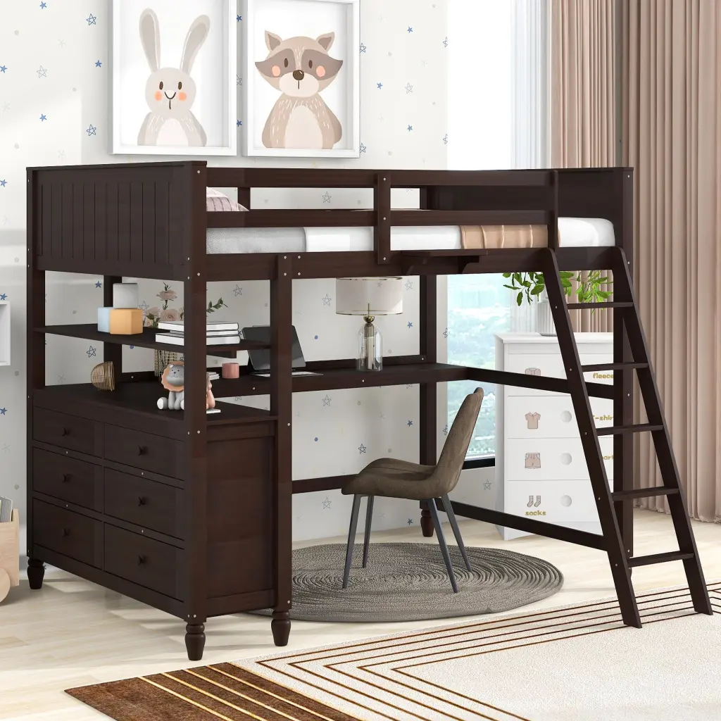 Full Size Loft Bed Drawers And Desk Wooden Loft Bed Shelves Space Saving Bedroom Furniture lucky furniture