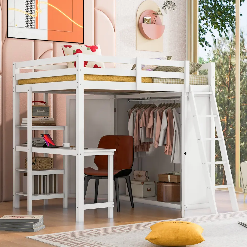 Full Size Loft Bed Wardrobe Desk And Shelves White Furniture lucky furniture