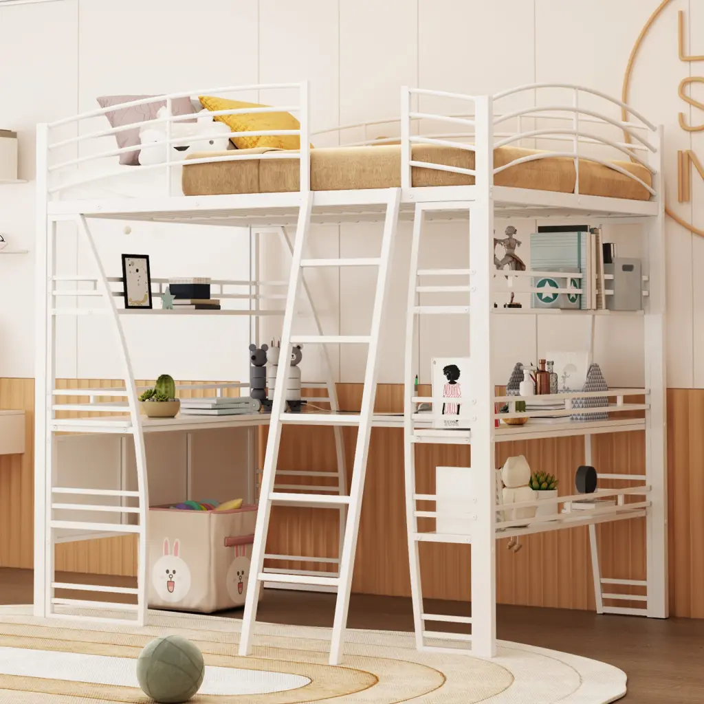 Full Size Loft Bed 4 Layers Shelves And L Influenced Desk Chic lucky world