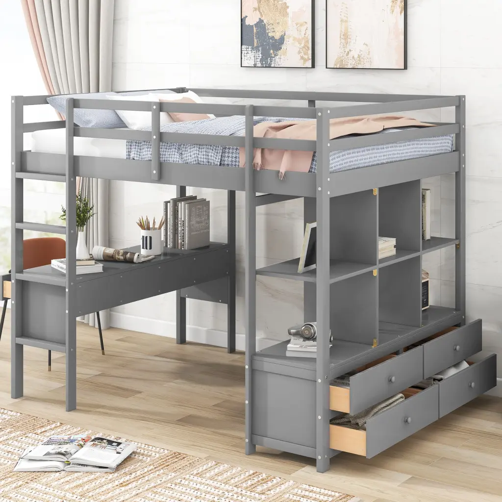 Full Size Loft Bed Built Desk Two Drawers And Storage Shelves wm store