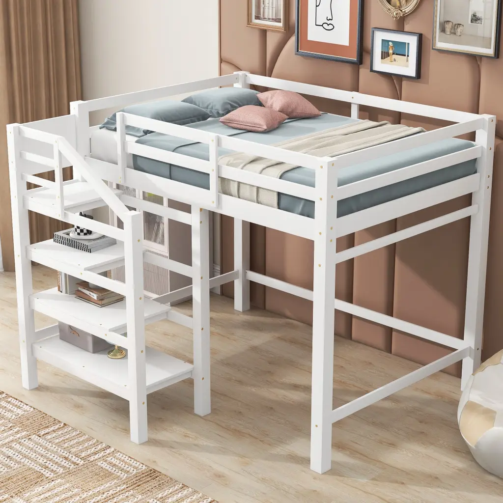 Full Size Loft Bed Built- Storage Staircase and Clothes Hanger wm store