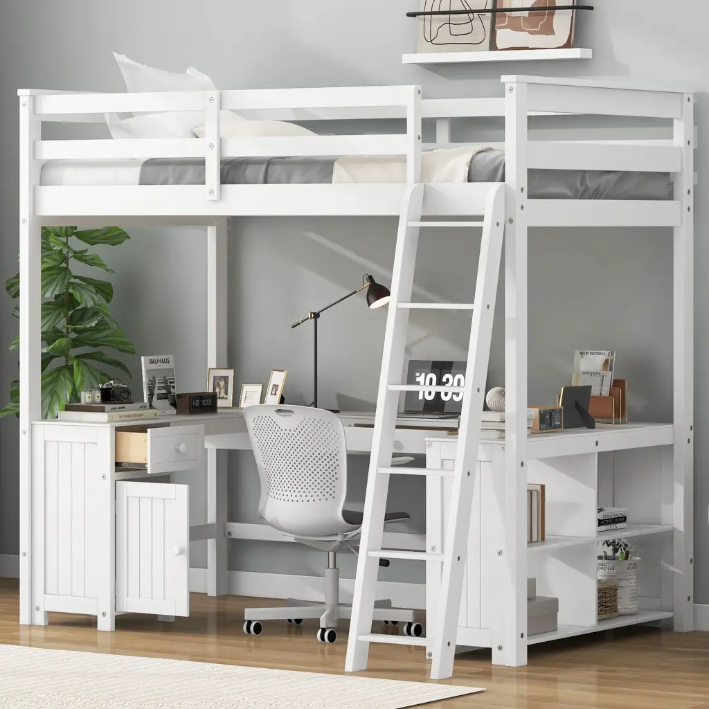 Full Size Loft Bed U Influenced Desk Drawers And Storage Shelves White wm store