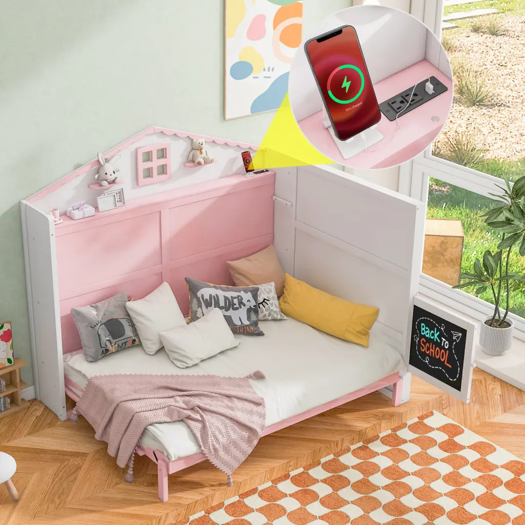 Wood Full Size Murphy Bed USB, Storage Shelves and Blackboard wm store