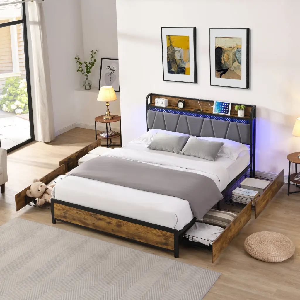 Full Size Bed Frame Storage Headboard and Charging Station 4 Drawers civilfurniture