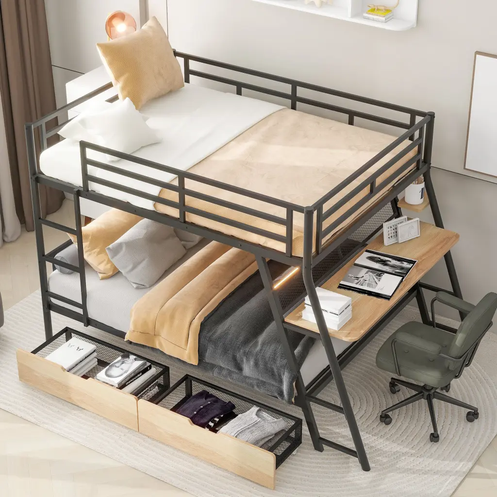 Full Size Black Metal Bunk Bed Built Desk Light and 2 Drawers wm store