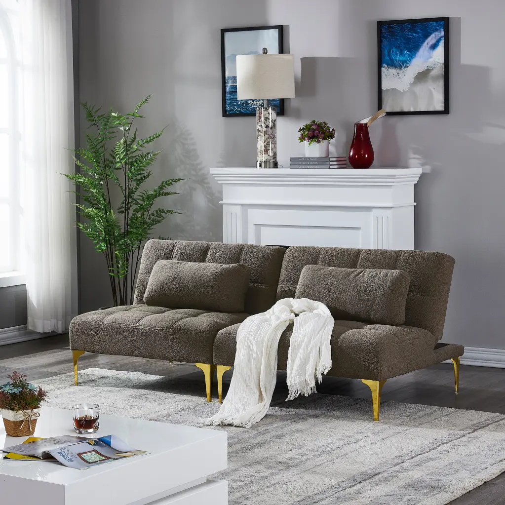 Convertible Sofa Bed Futon Gold Metal Legs Teddy Fabric Taupe hdf store