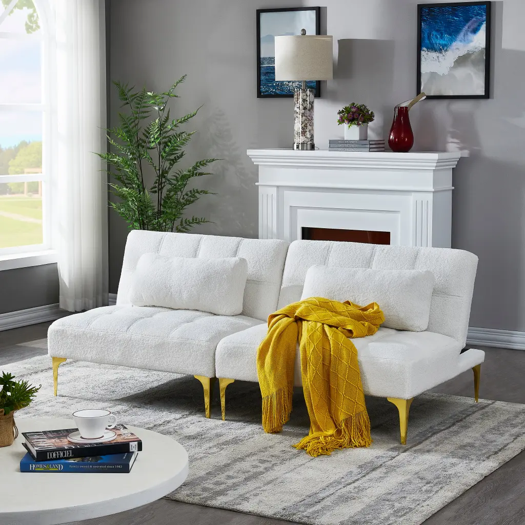 Convertible Sofa Bed Futon Gold Metal Legs Teddy Fabric White hdf store