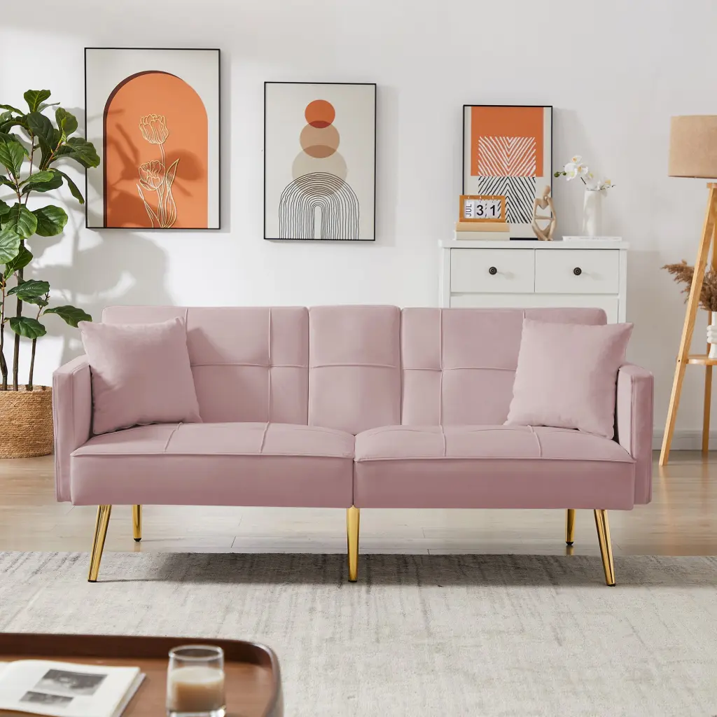 Pink Velvet Futon Sofa Bed Gold Metal Legs - Convertible Sleeper Small Spaces rnb