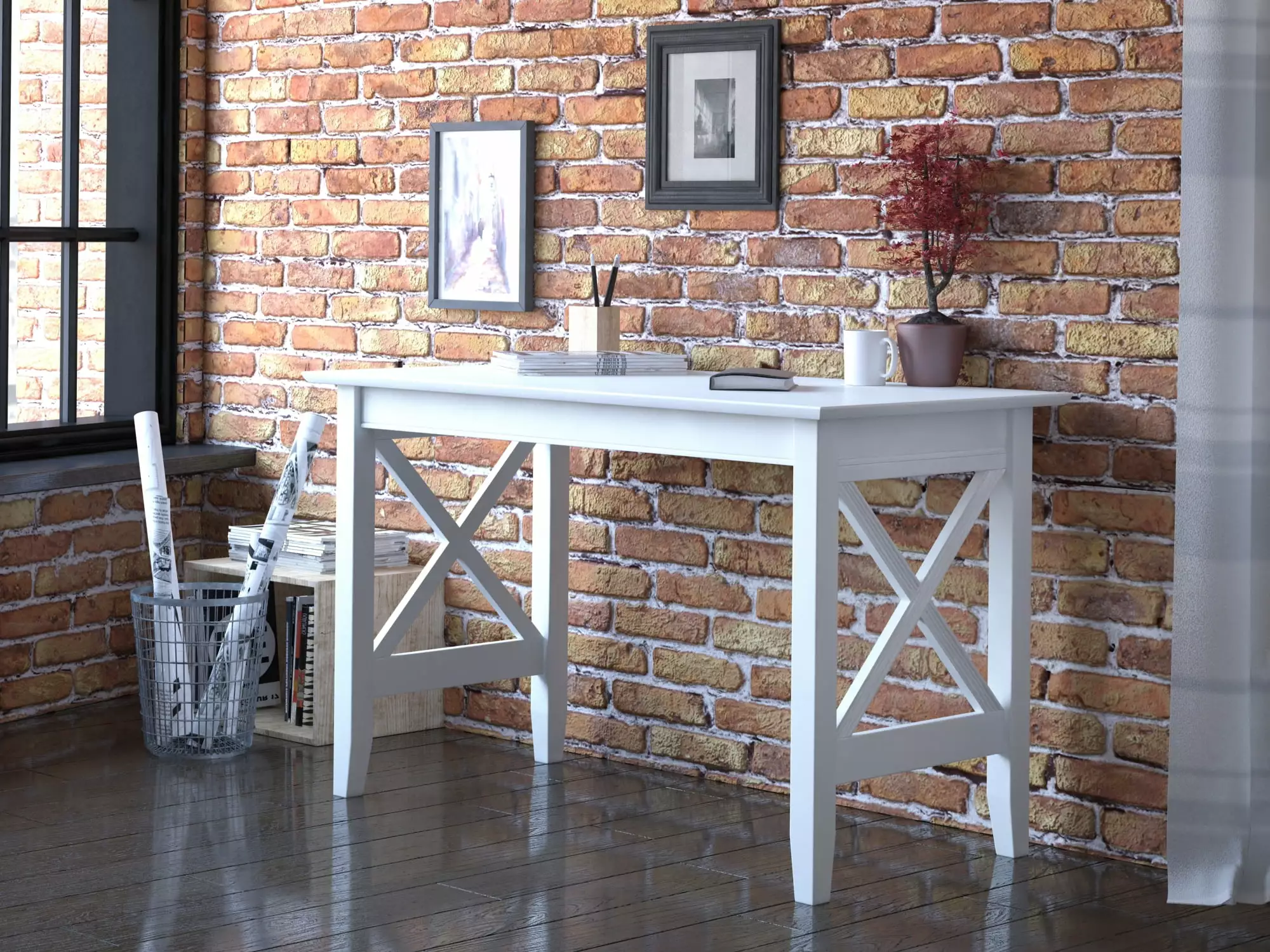AFI 48 Lexi Solid Wood X Design Home Office Gaming Writing Desk Charger White