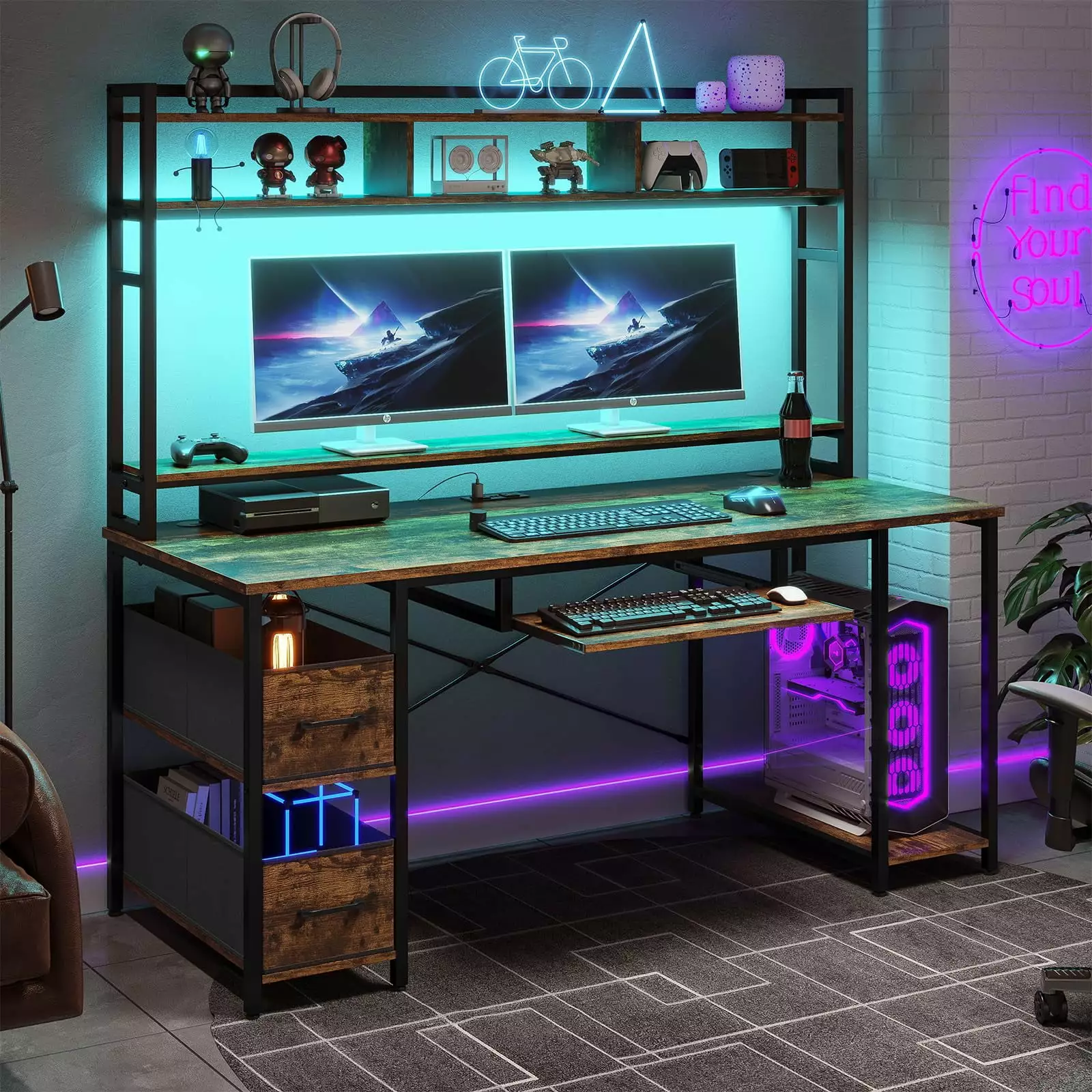 Afuhokles Computer Desk Drawer and Power Outlet 55 Gaming Desk LED Lights and Hutch