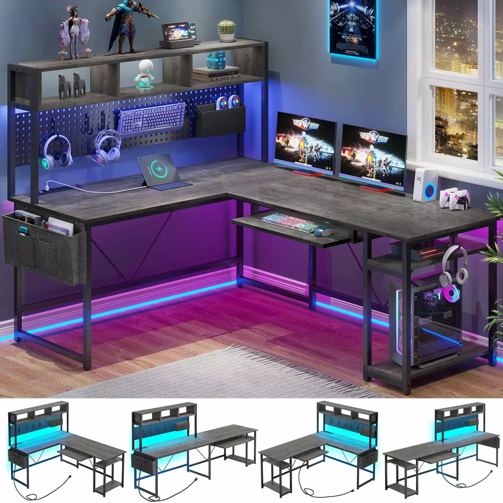 AOGLLATI 94.5 Inch L Shaped Gaming Desk LED Light Power Outlet Storage Shelves