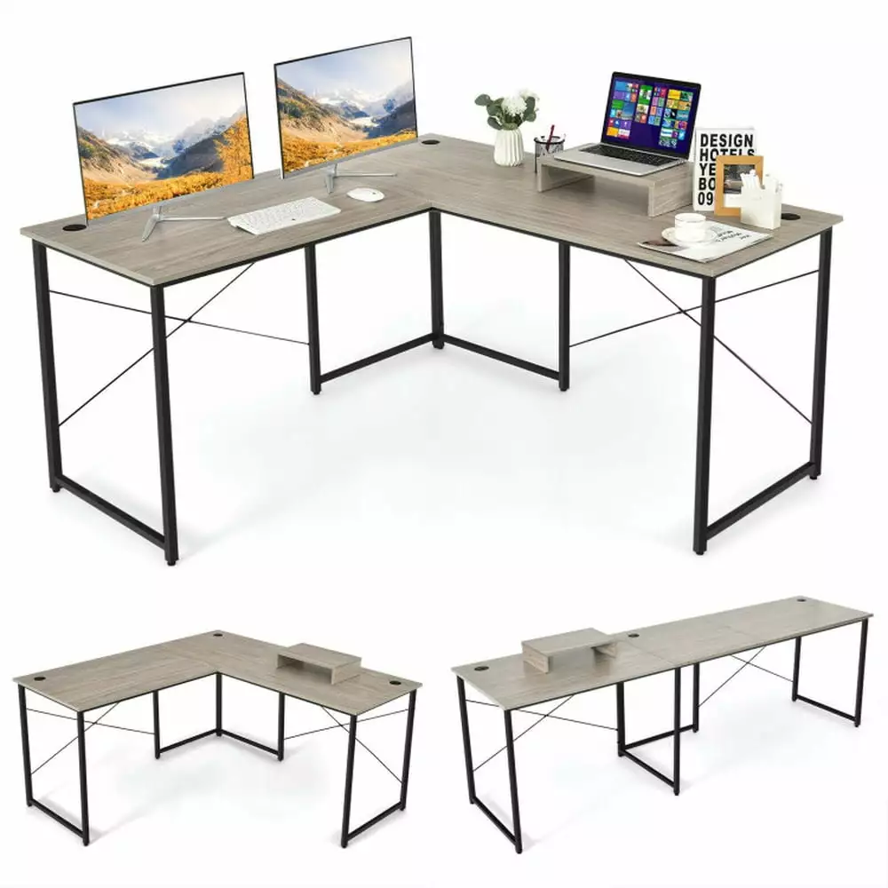 Barara King Gray L Shaped Computer Desk Monitor Stand - Corner Gaming Desk