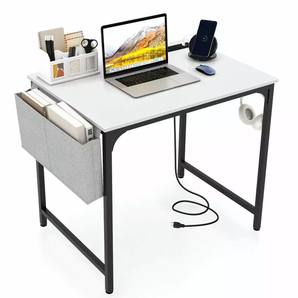 Barara King 32 Inch Home Office Desk Charging Station - White Computer and Gaming Table