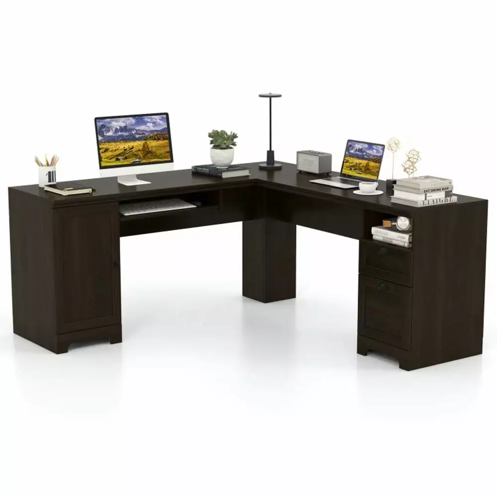 Barara King L-Shaped Corner Gaming Desk Drawers Home Office Coffee Finish
