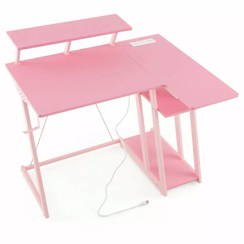 Barara King L Shaped Gaming Desk Outlets and USB Ports Pink Home Office Computer Study Writing Table