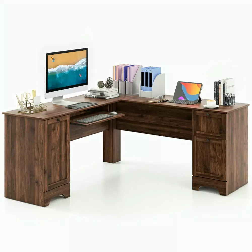 Barara King L Shaped Gaming Desk Storage Drawers and Keyboard Tray Walnut