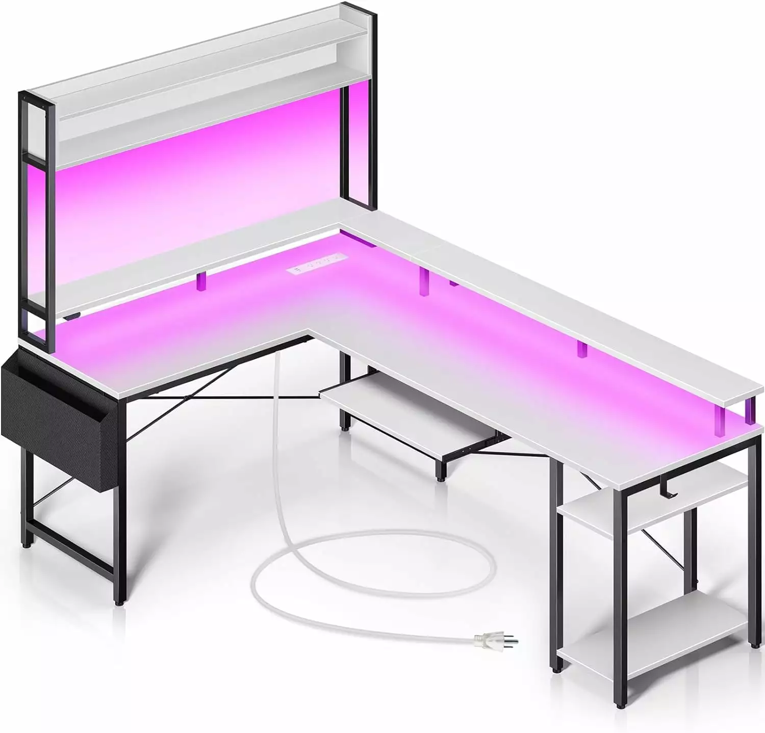 White L-Shaped Gaming Desk Power Outlets, LED Lights, and Hutch B&B Charcoal
