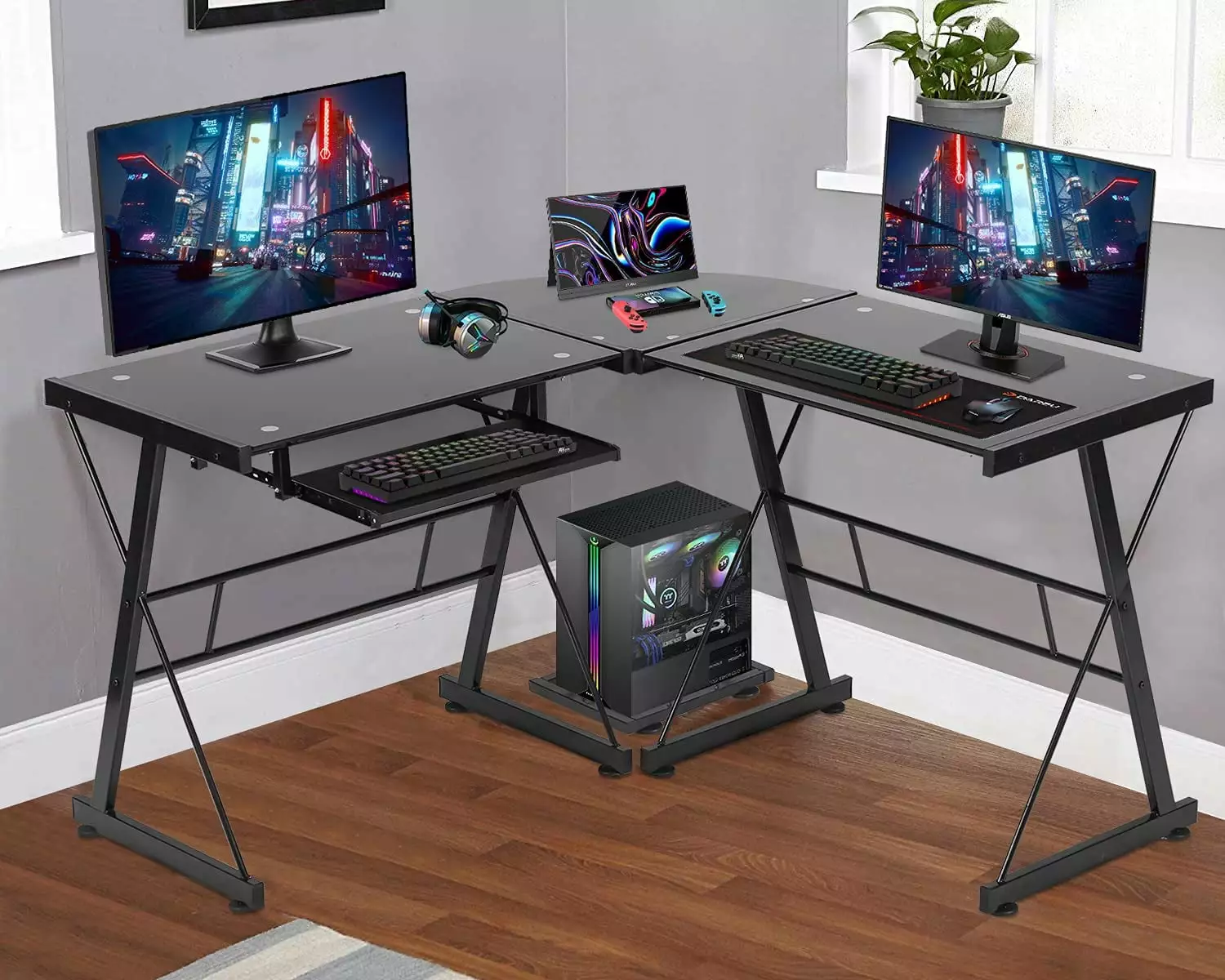 BestOffice L Shaped Computer Gaming Desk Toughened Glass and Keyboard Tray
