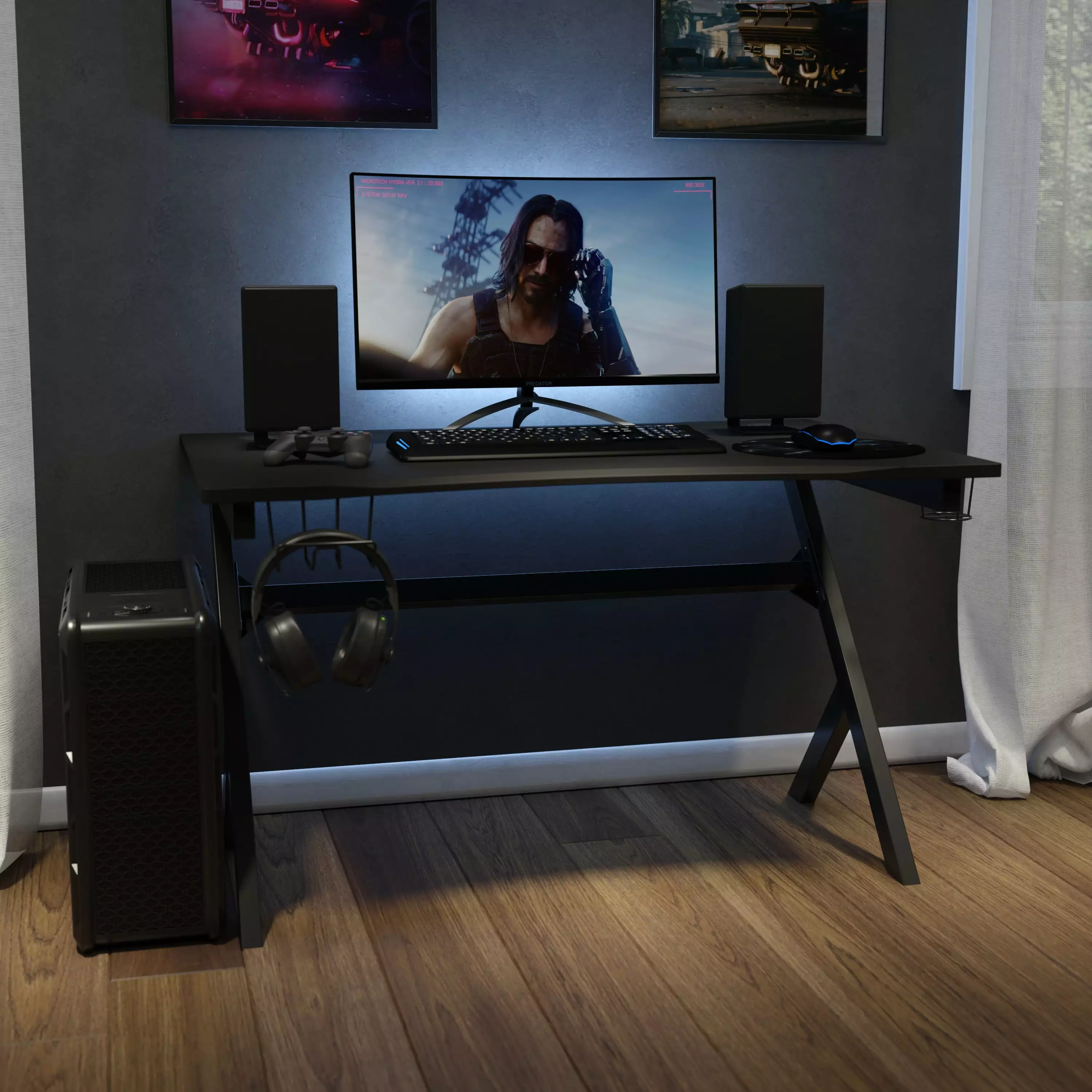 BizChair Gaming Desk 45.25 x 29 Headphone Holder and Cable Management Gamers