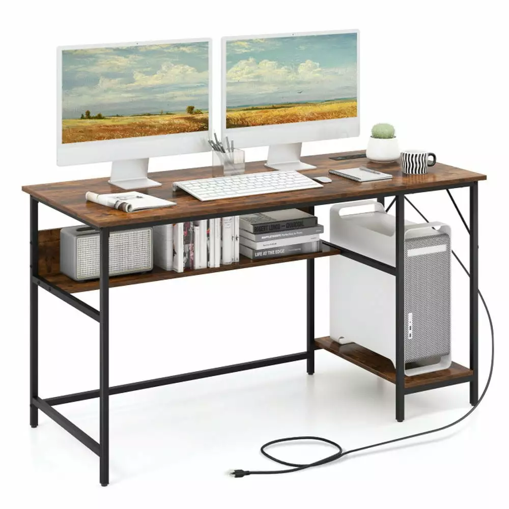 Canddidliike 55-Inch Gaming Desk Charging Station Brown Study Writing Desk