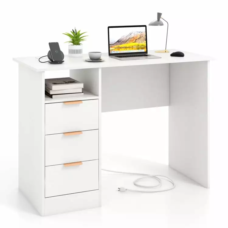 Canddidliike Home Office Desk Power Outlet 3 Storage Drawers White Gaming Study Writing Desk