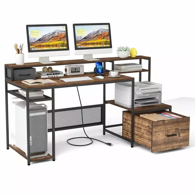 Canddidliike 67 Inch Computer Desk Monitor Stand File Drawer Rustic Brown Gaming Desk