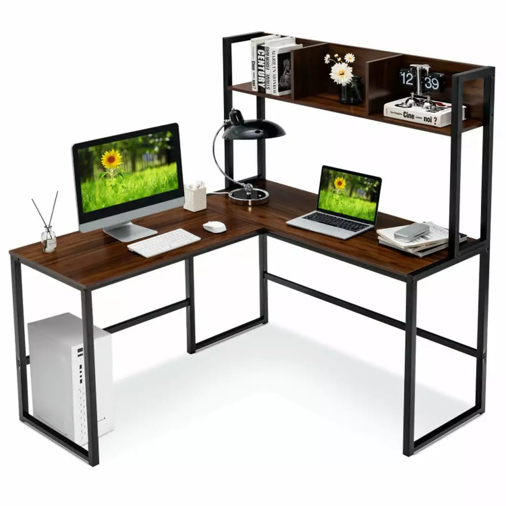 Canddidliike Reversible L-Shaped Corner Desk Storage Bookshelf Walnut Gaming Computer Desk Study Working Writing